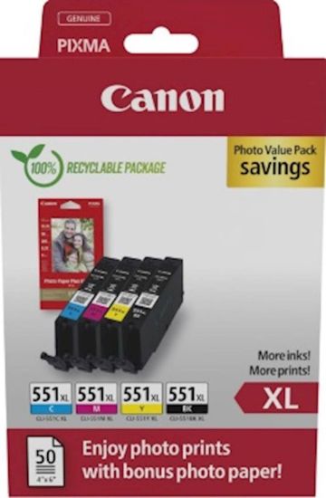 Slika KOMPLET CANON CLI-551 CYAN XL, MAGENTA XL, RUMENA XL, ČRNA XL IN FOTO PAPIR PP-201