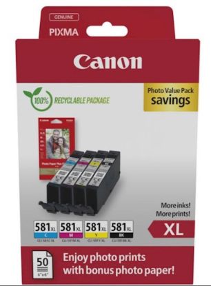 Slika KOMPLET CANON CLI-581 CYAN XL, MAGENTA XL, RUMENA XL, ČRNA XL IN FOTO PAPIR PP-201 za TS705/6350/835