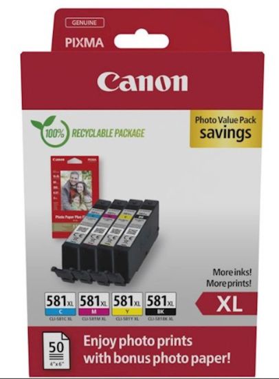 Slika KOMPLET CANON CLI-581 CYAN XL, MAGENTA XL, RUMENA XL, ČRNA XL IN FOTO PAPIR PP-201 za TS705/6350/835