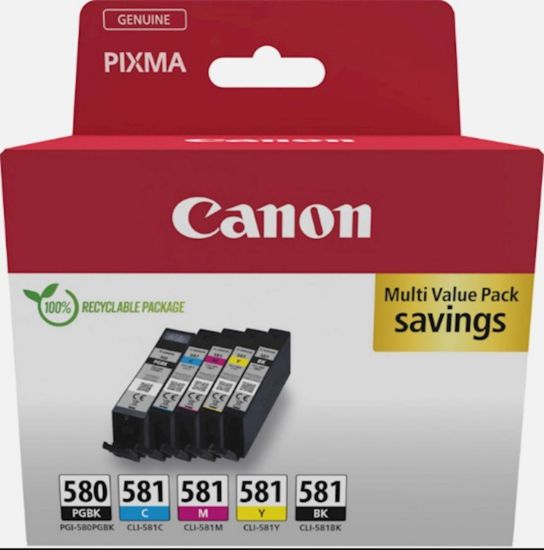 Slika KOMPLET CANON BARVNI PGI580/CLI-581 CYAN, MAGENTA, RUMENA, ČRNA, PIGMENT ČRNA za TS705/6350/8350/955